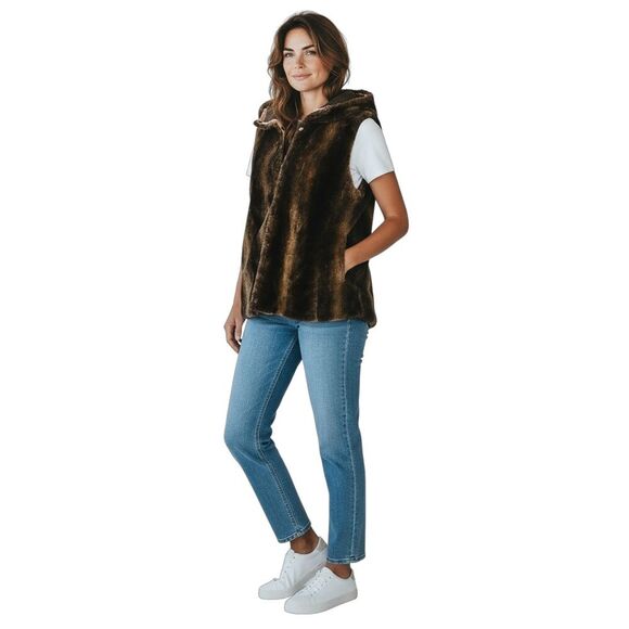 Maksar Faux Fur hooded sleeveless vest ladies medium plush teddy layering piece - Picture 2 of 12